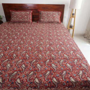 Madder Red Paisley : Hand Block Printed Cotton Bedsheet with Pillow Covers, King 108" x 108", Natural Dyes