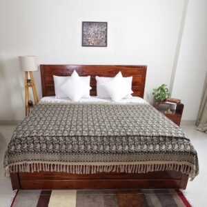 Black Buti: Hand Block Printed Cotton Jute (TNT) Bedcover, 108" x 108"