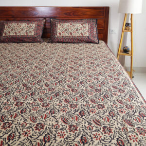Ivory Floral with Black and Madder Border : Hand Block Printed Cotton Bedsheet with Pillow Covers, King 108" x 108", Natural Dyes