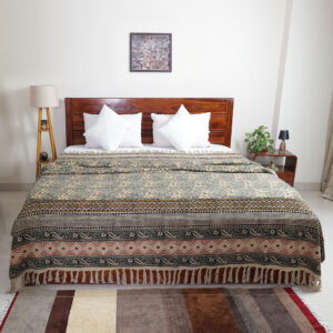 Forest Green Floral with Striped Border: Hand Block Printed Cotton Jute (TNT) Bedcover, 108" x 108"