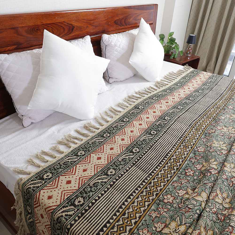 Forest Green Floral with Striped Border: Hand Block Printed Cotton Jute (TNT) Bedcover, 108" x 108" - Image 3