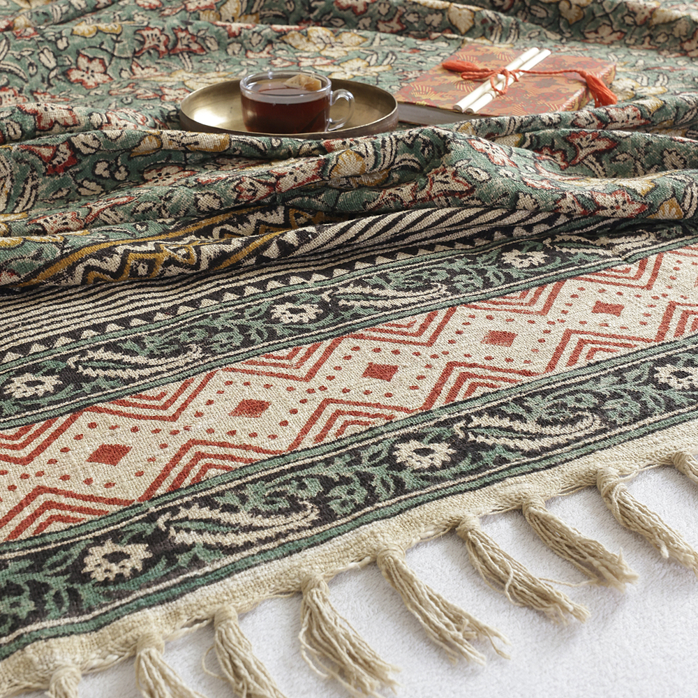 Forest Green Floral with Striped Border: Hand Block Printed Cotton Jute (TNT) Bedcover, 108" x 108" - Image 2