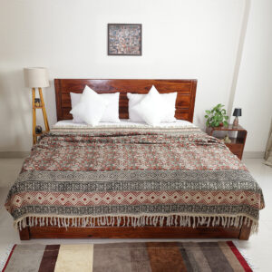 Madder and Black Floral: Hand Block Printed Cotton Jute (TNT) Bedcover, 108" x 108"