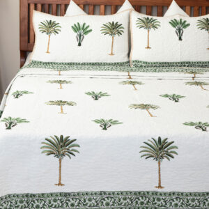 Green Palm Grove Hand Block Printed Lightweight Quilted Cotton Comforter Set with 2 Pillow Covers, Reversible, [Size]