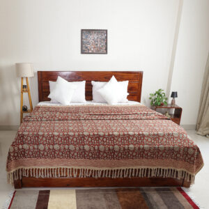 Madder Red Floral Jaal: Hand Block Printed Cotton Jute (TNT) Bedcover, 108" x 108"