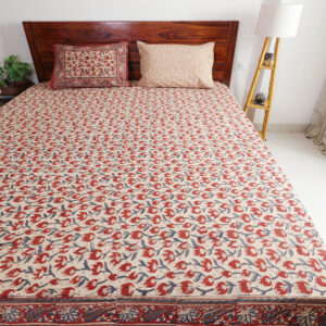 Ivory Tulip Buti : Hand Block Printed Cotton Bedsheet with Pillow Covers, King 108" x 108", Natural Dyes