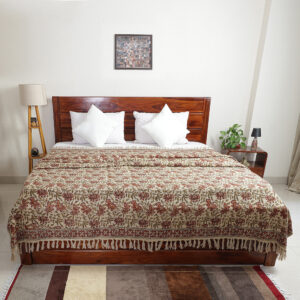 Ivory and Red Floral Vine: Hand Block Printed Cotton Jute (TNT) Bedcover, 108" x 108"