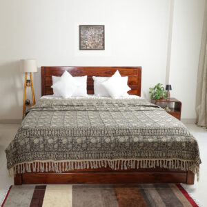 Black and Beige Floral: Hand Block Printed Cotton Jute (TNT) Bedcover, 108" x 108"