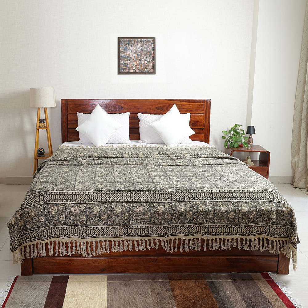 Black and Beige Floral: Hand Block Printed Cotton Jute (TNT) Bedcover, 108" x 108"