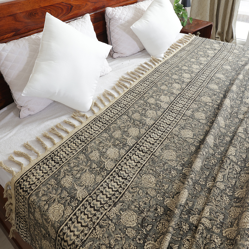 Black and Beige Floral: Hand Block Printed Cotton Jute (TNT) Bedcover, 108" x 108" - Image 2