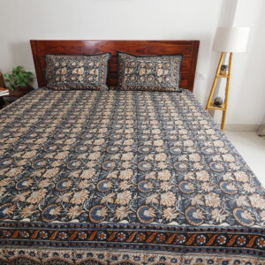 Charcoal Floral Jaal : Hand Block Printed Cotton Bedsheet with Pillow Covers, King 108" x 108", Natural Dyes