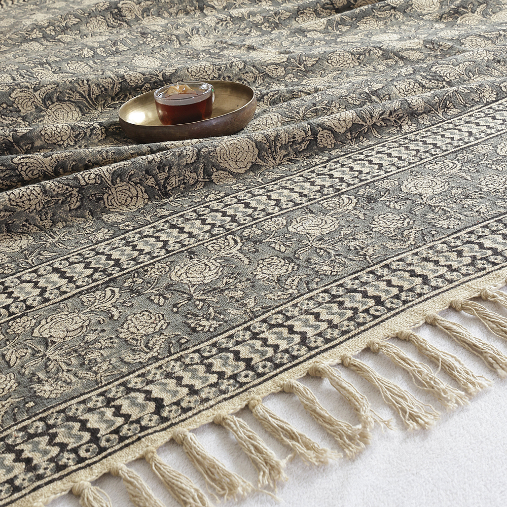 Black and Beige Floral: Hand Block Printed Cotton Jute (TNT) Bedcover, 108" x 108" - Image 3