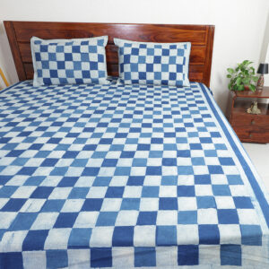 Indigo Checkerboard : Dabu Hand Block Printed Cotton Bedsheet with Pillow Covers, Queen 90" x 108"