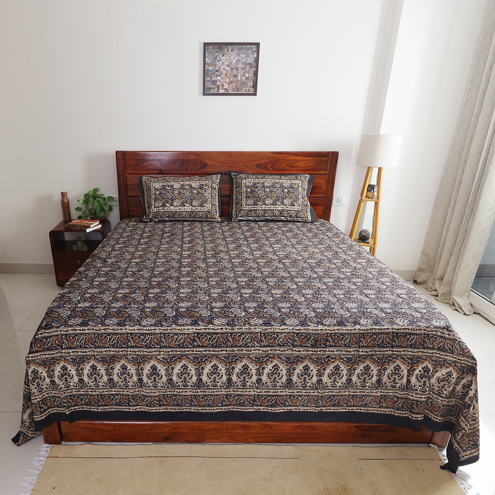 Black Mini Floral : Hand Block Printed Cotton Bedsheet with Pillow Covers, King 108" x 108", Natural Dyes - Image 2