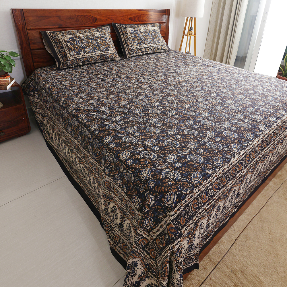 Black Mini Floral : Hand Block Printed Cotton Bedsheet with Pillow Covers, King 108" x 108", Natural Dyes - Image 3