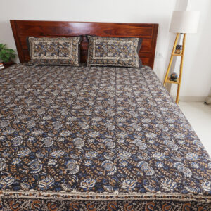 Black Mini Floral : Hand Block Printed Cotton Bedsheet with Pillow Covers, King 108" x 108", Natural Dyes