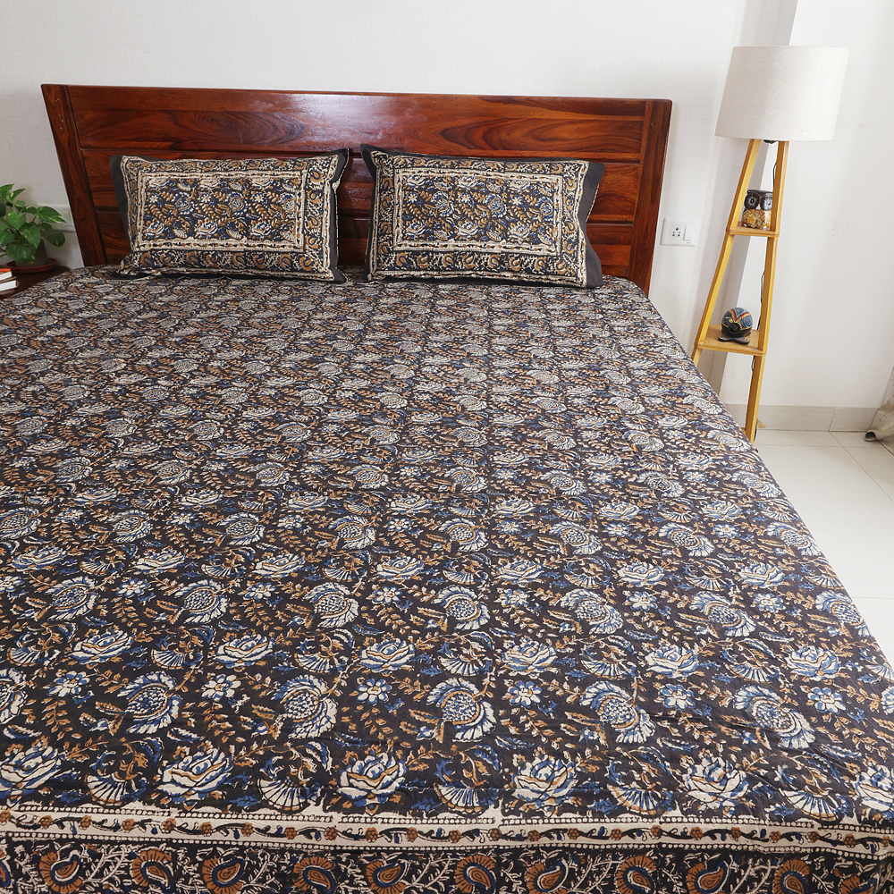 Black Mini Floral : Hand Block Printed Cotton Bedsheet with Pillow Covers, King 108" x 108", Natural Dyes
