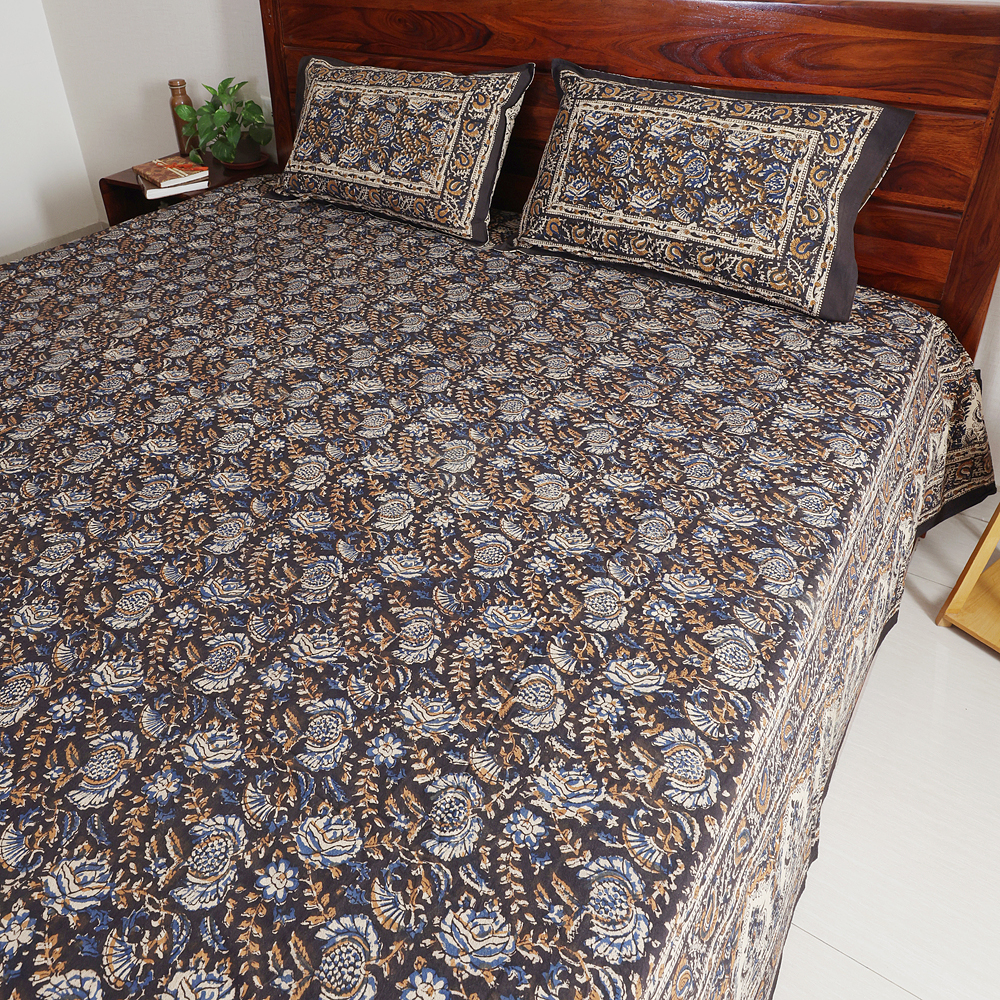 Black Mini Floral : Hand Block Printed Cotton Bedsheet with Pillow Covers, King 108" x 108", Natural Dyes - Image 4