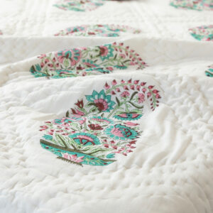 Turquoise and Rose Paisley Hand Block Printed Cotton Quilt, Reversible, [Size]