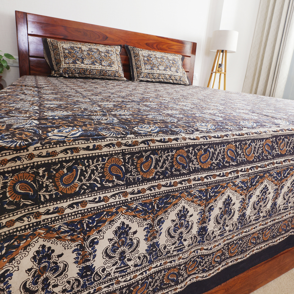 Black Mini Floral : Hand Block Printed Cotton Bedsheet with Pillow Covers, King 108" x 108", Natural Dyes - Image 5