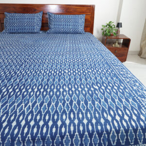Indigo Diamond Stripe: Dabu Hand Block Printed Cotton Bedsheet with Pillow Covers, Queen 90" x 108"