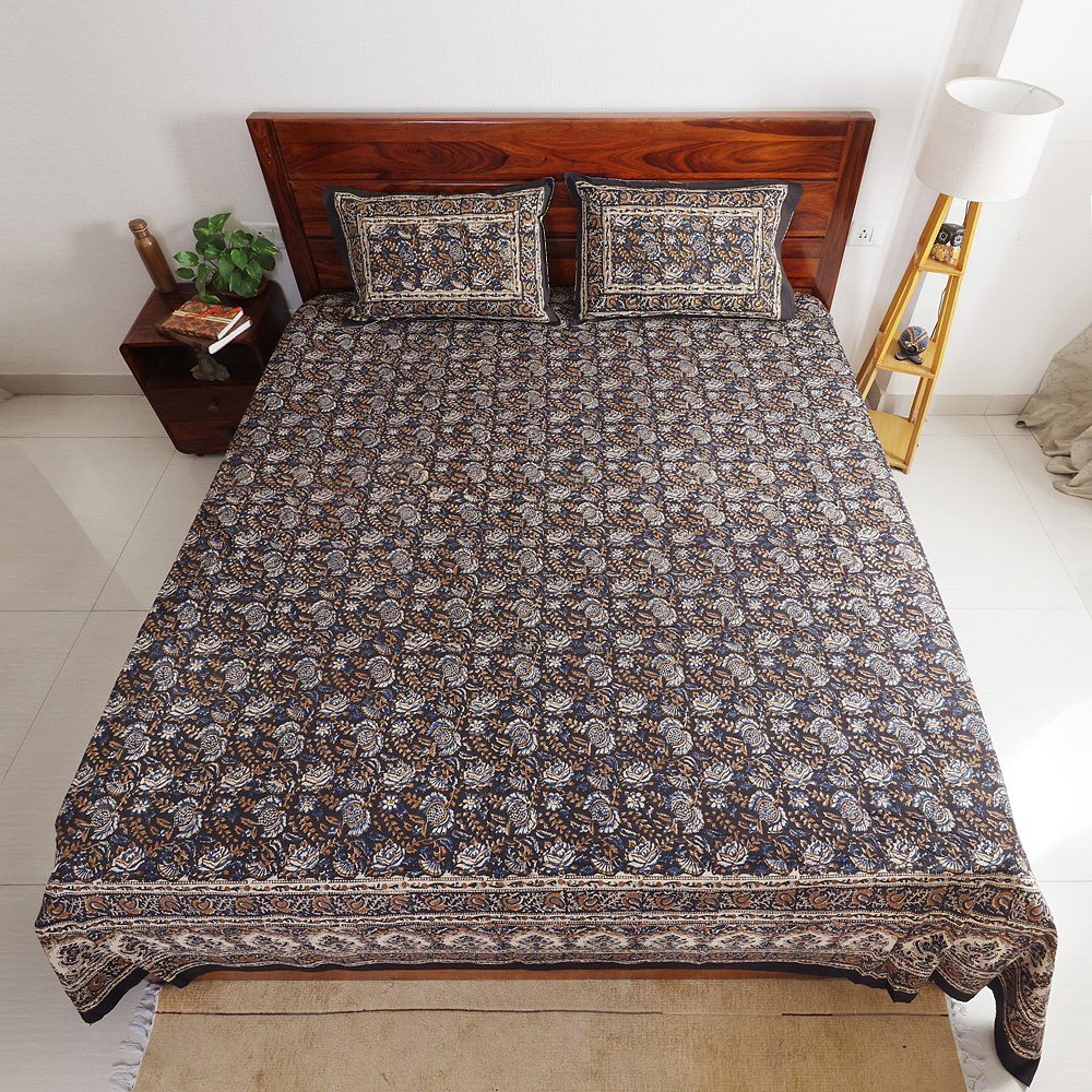 Black Mini Floral : Hand Block Printed Cotton Bedsheet with Pillow Covers, King 108" x 108", Natural Dyes - Image 6