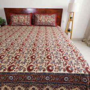 Ivory and Madder Floral Vine : Hand Block Printed Cotton Bedsheet with Pillow Covers, King 108" x 108", Natural Dyes