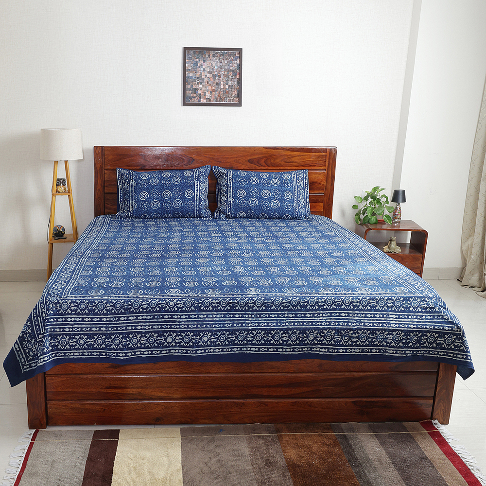 Indigo Spiral: Dabu Hand Block Printed Cotton Bedsheet with Pillow Covers, Queen 90" x 108" - Image 2