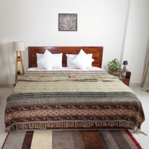 Olive Floral with Madder Border: Hand Block Printed Cotton Jute (TNT) Bedcover, 108" x 108"