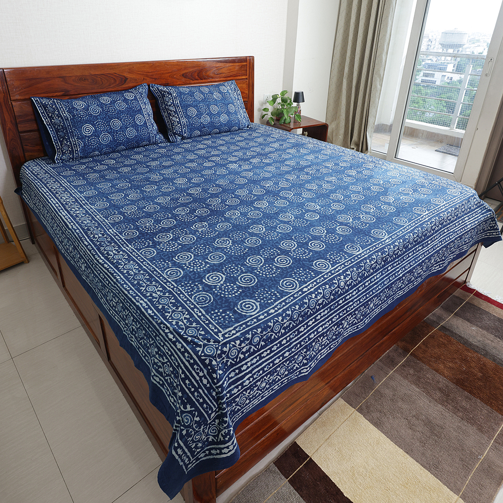 Indigo Spiral: Dabu Hand Block Printed Cotton Bedsheet with Pillow Covers, Queen 90" x 108" - Image 3
