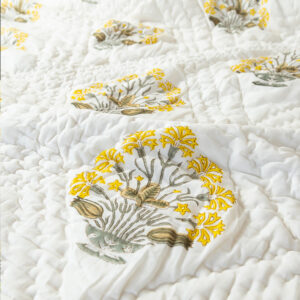 Yellow and Grey Floral Posy Hand Block Printed Cotton Quilt, Reversible, [Size]