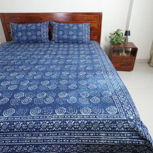 Indigo Spiral: Dabu Hand Block Printed Cotton Bedsheet with Pillow Covers, Queen 90" x 108"