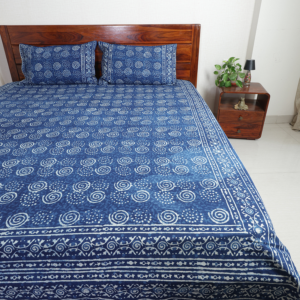Indigo Spiral: Dabu Hand Block Printed Cotton Bedsheet with Pillow Covers, Queen 90" x 108"