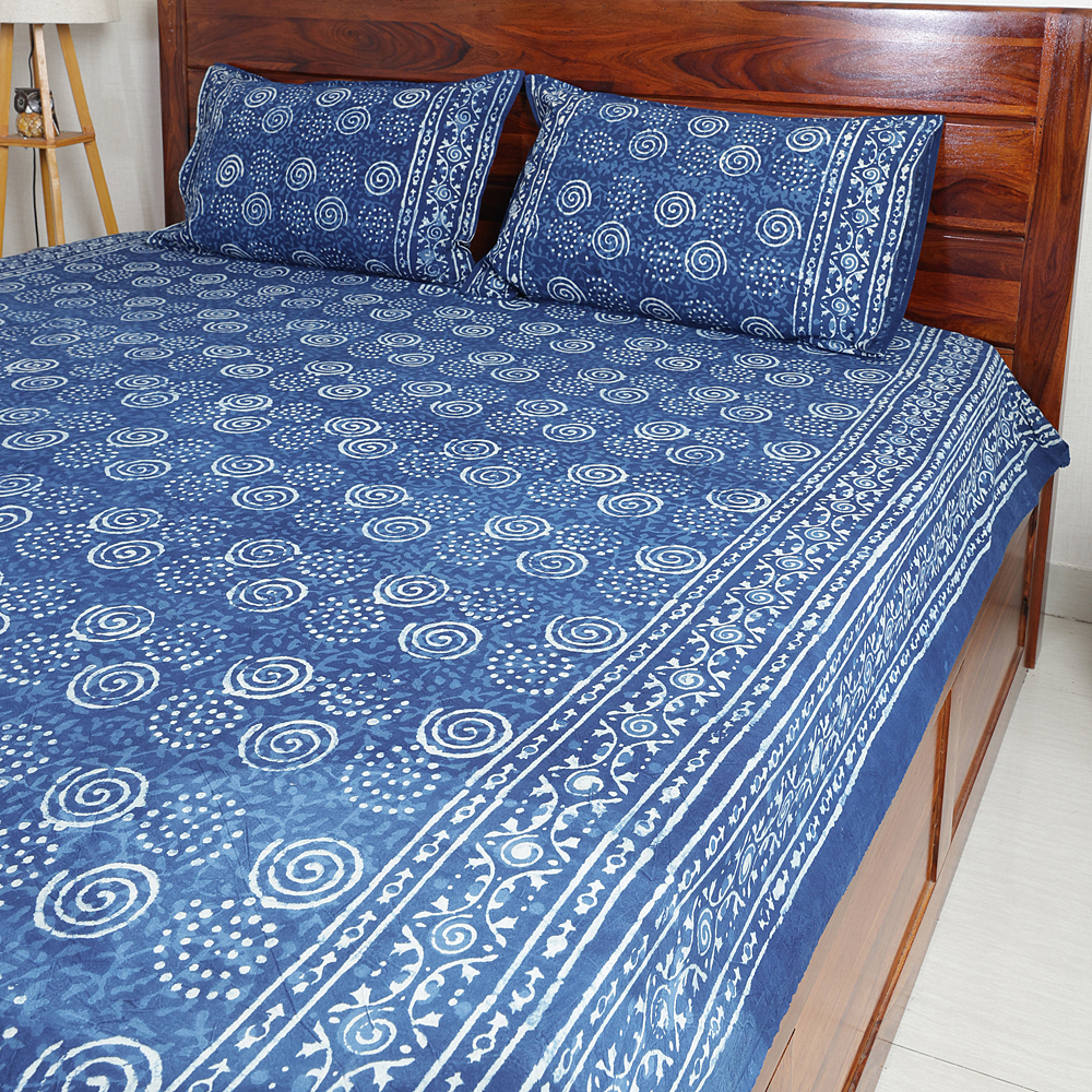 Indigo Spiral: Dabu Hand Block Printed Cotton Bedsheet with Pillow Covers, Queen 90" x 108" - Image 4