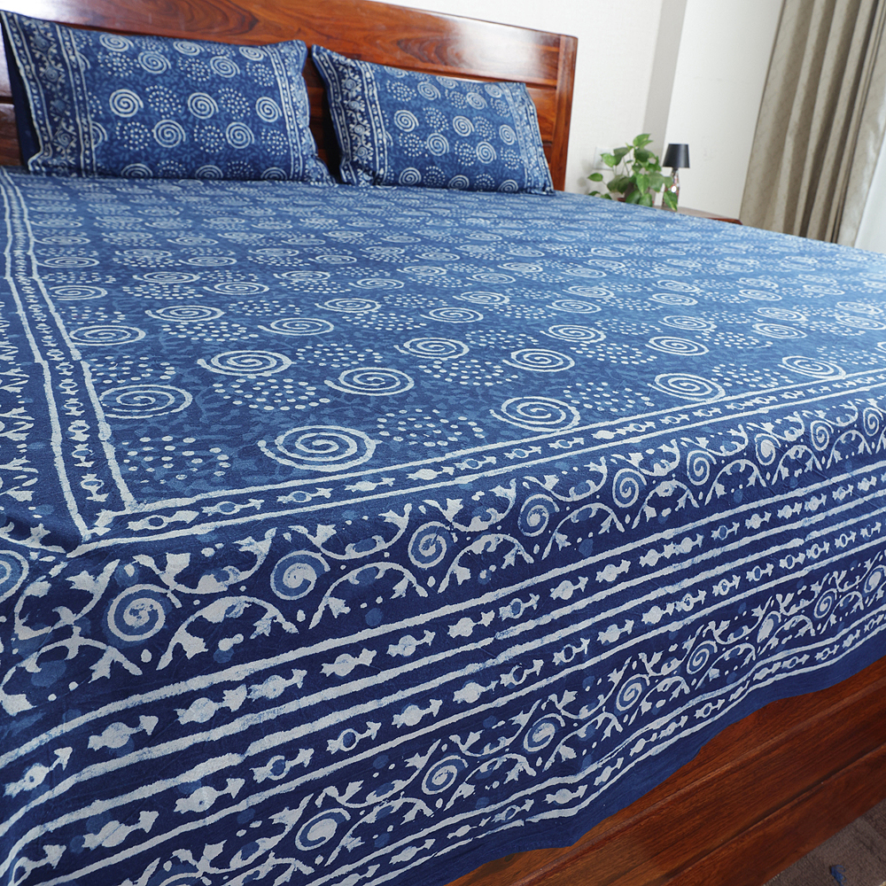 Indigo Spiral: Dabu Hand Block Printed Cotton Bedsheet with Pillow Covers, Queen 90" x 108" - Image 5