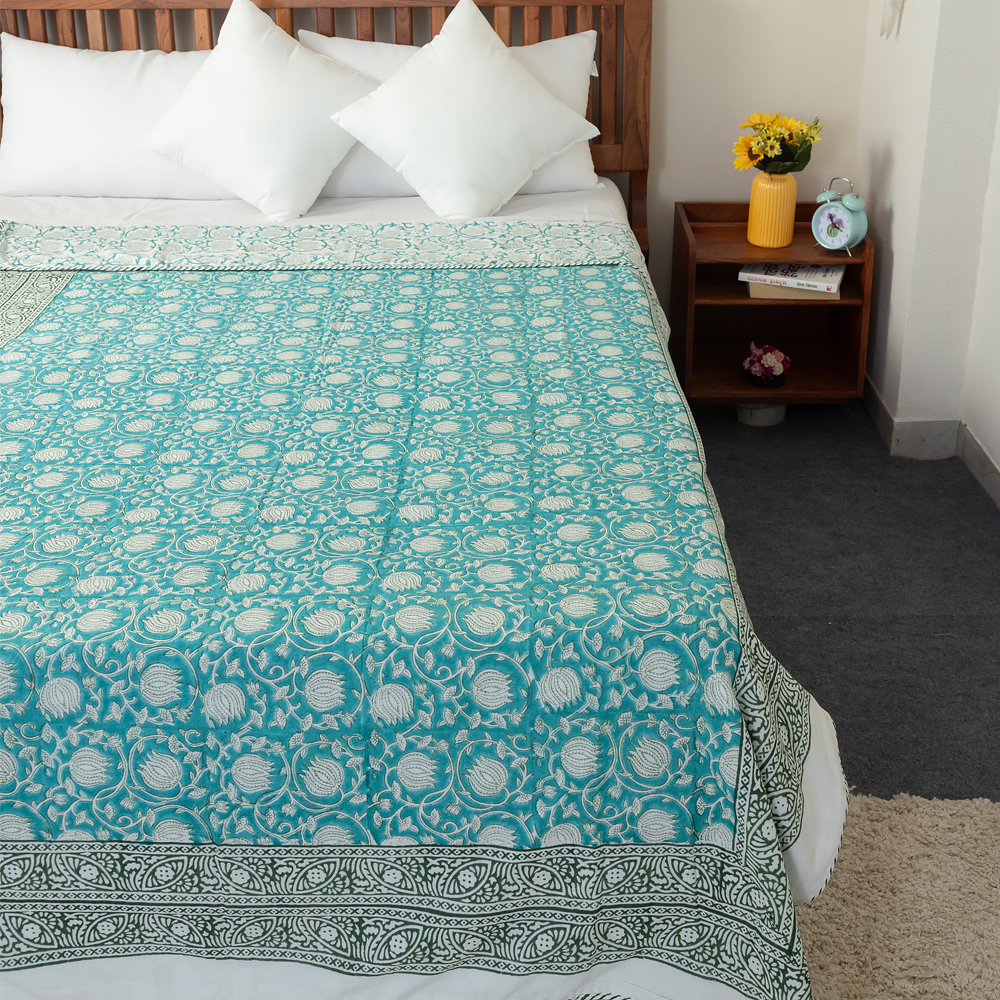 Turquoise Lotus Jaal Hand Block Printed Cotton Dohar, Reversible Summer Blanket, 60″ x 90″ - Image 2