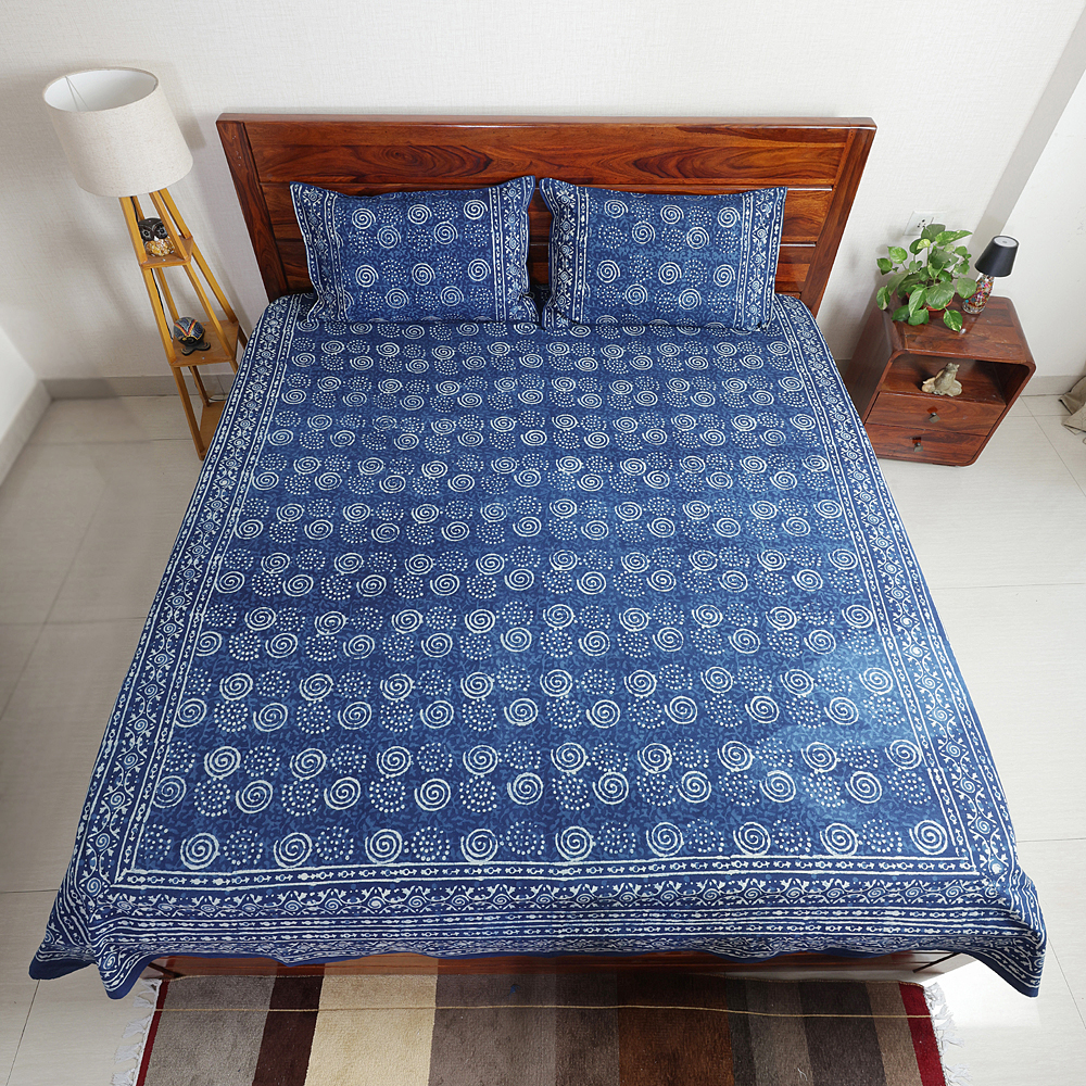 Indigo Spiral: Dabu Hand Block Printed Cotton Bedsheet with Pillow Covers, Queen 90" x 108" - Image 6
