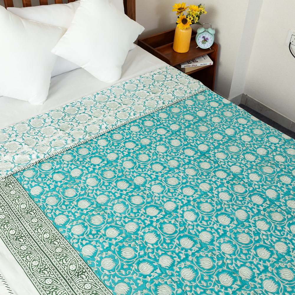 Turquoise Lotus Jaal Hand Block Printed Cotton Dohar, Reversible Summer Blanket, 60″ x 90″ - Image 3
