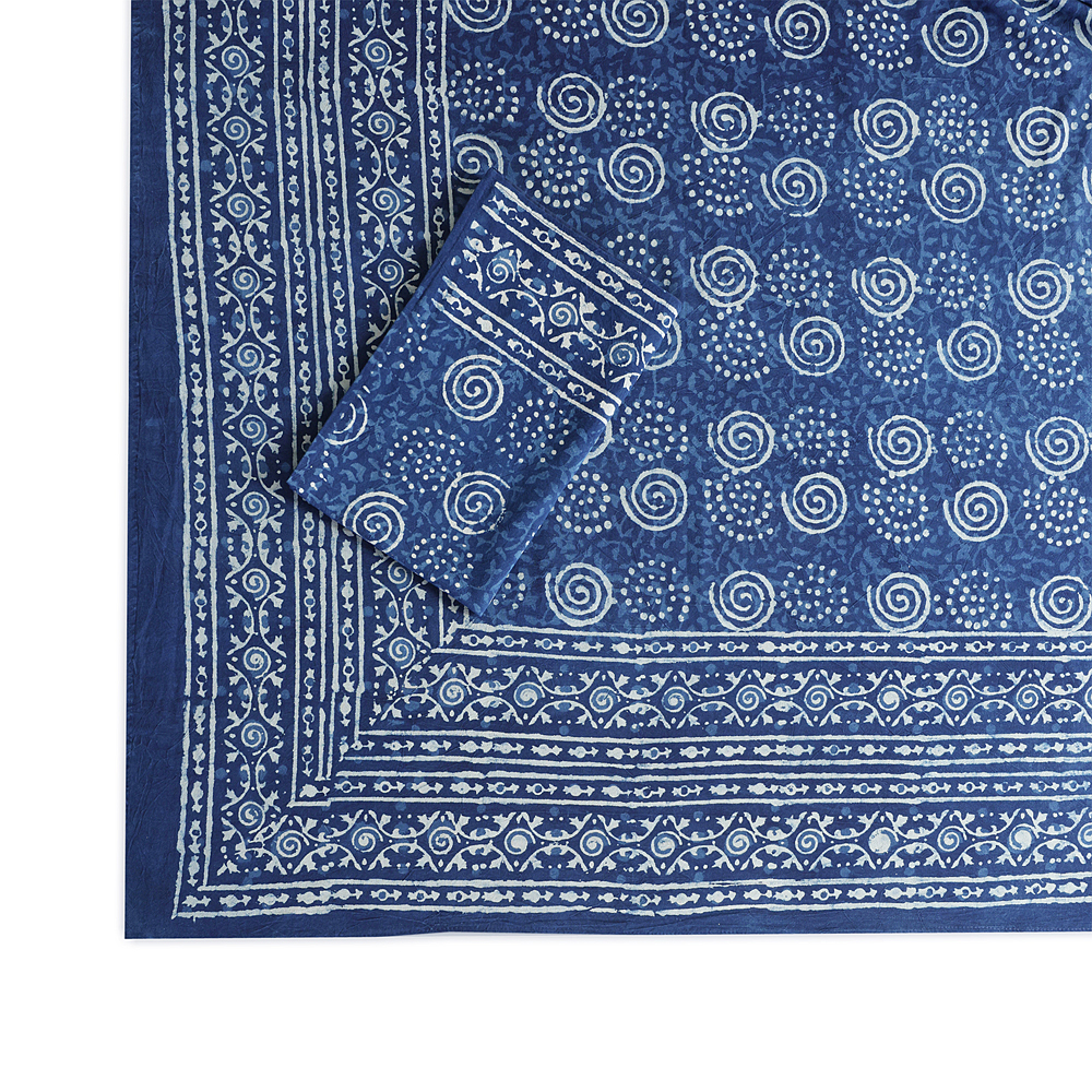 Indigo Spiral: Dabu Hand Block Printed Cotton Bedsheet with Pillow Covers, Queen 90" x 108" - Image 7