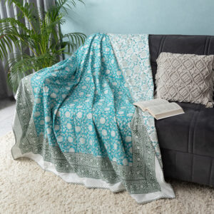 Turquoise Lotus Jaal Hand Block Printed Cotton Dohar, Reversible Summer Blanket, 60″ x 90″