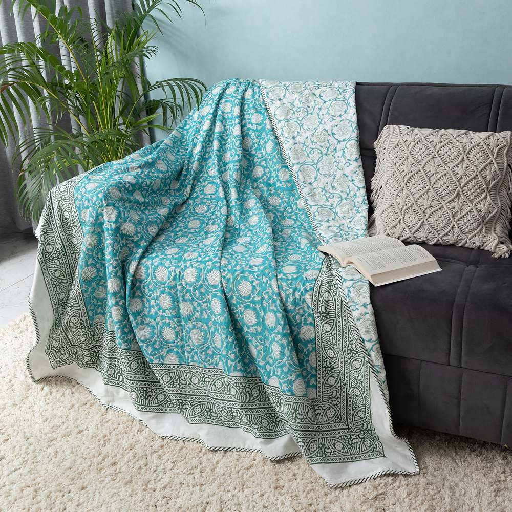 Turquoise Lotus Jaal Hand Block Printed Cotton Dohar, Reversible Summer Blanket, 60″ x 90″