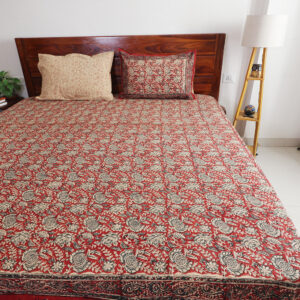 Madder Red Floral Jaal : Hand Block Printed Cotton Bedsheet with Pillow Covers, King 108" x 108", Natural Dyes