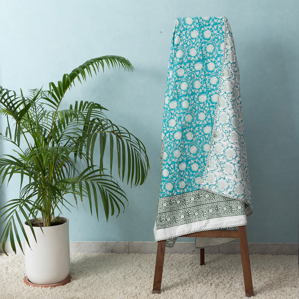 Turquoise Lotus Jaal Hand Block Printed Cotton Dohar, Reversible Summer Blanket, 60″ x 90″ - Image 4