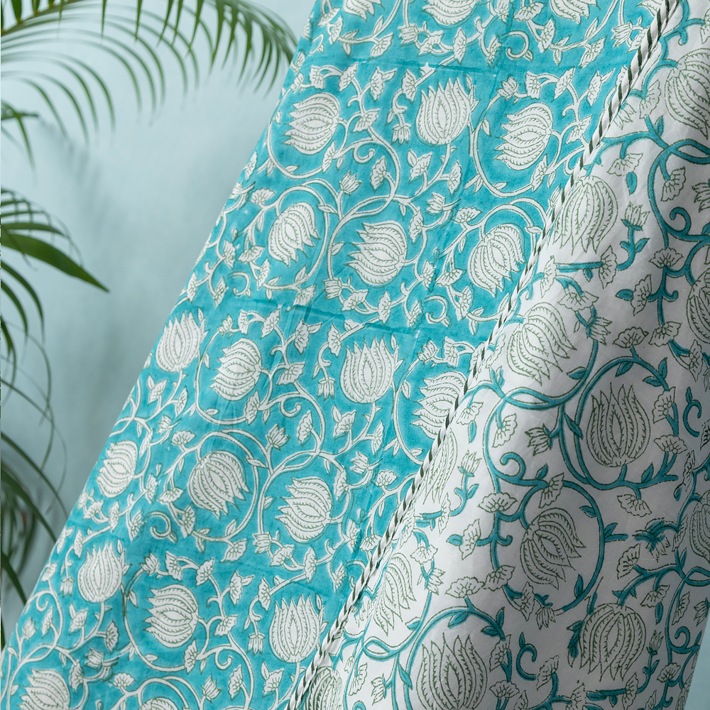 Turquoise Lotus Jaal Hand Block Printed Cotton Dohar, Reversible Summer Blanket, 60″ x 90″ - Image 5