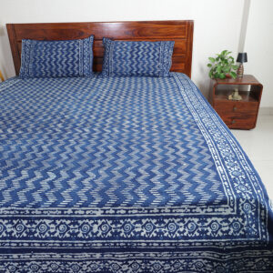 Indigo Chevron: Dabu Hand Block Printed Cotton Bedsheet with Pillow Covers, Queen 90" x 108"