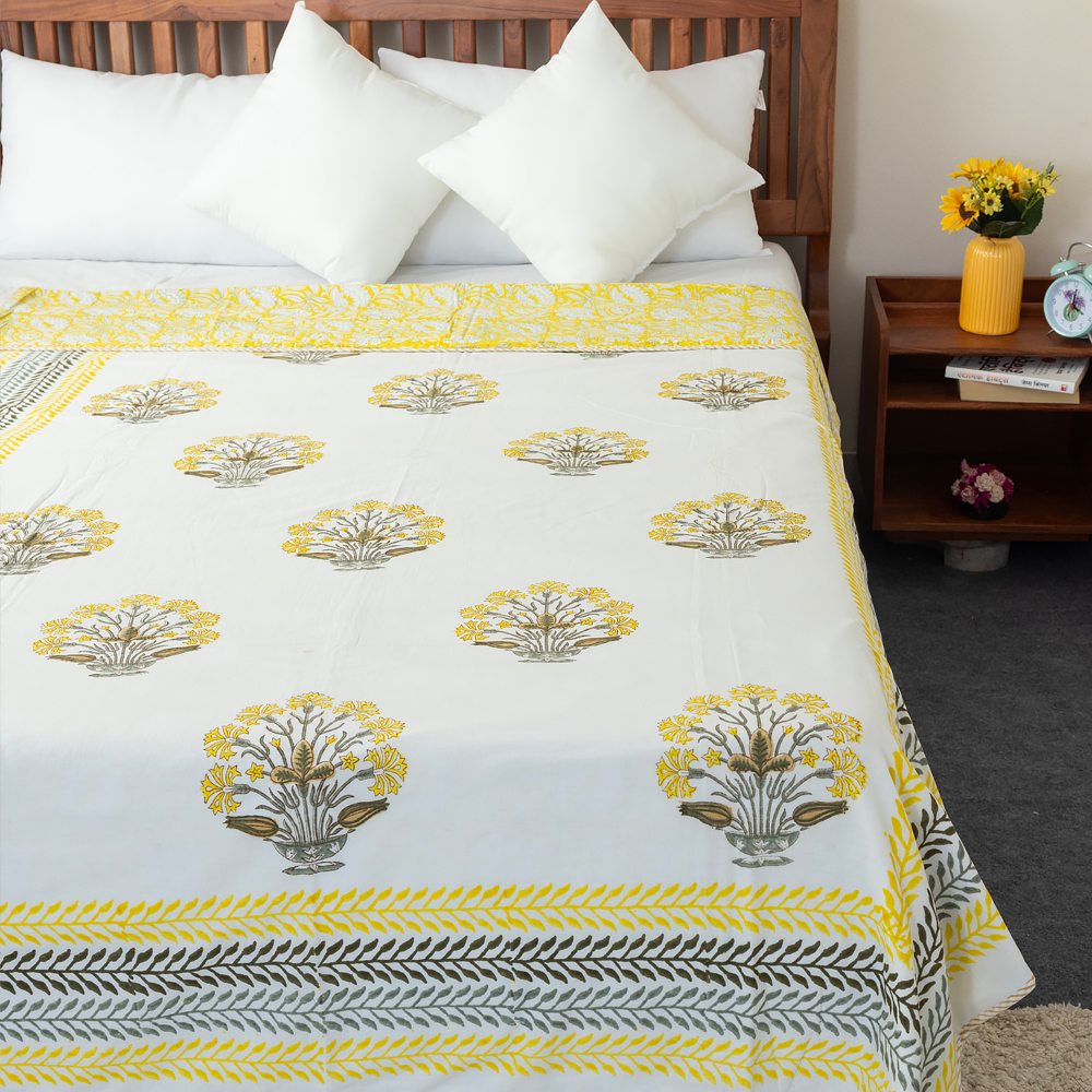 Yellow and Grey Floral Posy Hand Block Printed Cotton Dohar, Reversible Summer Blanket, 60″ x 90″ - Image 2