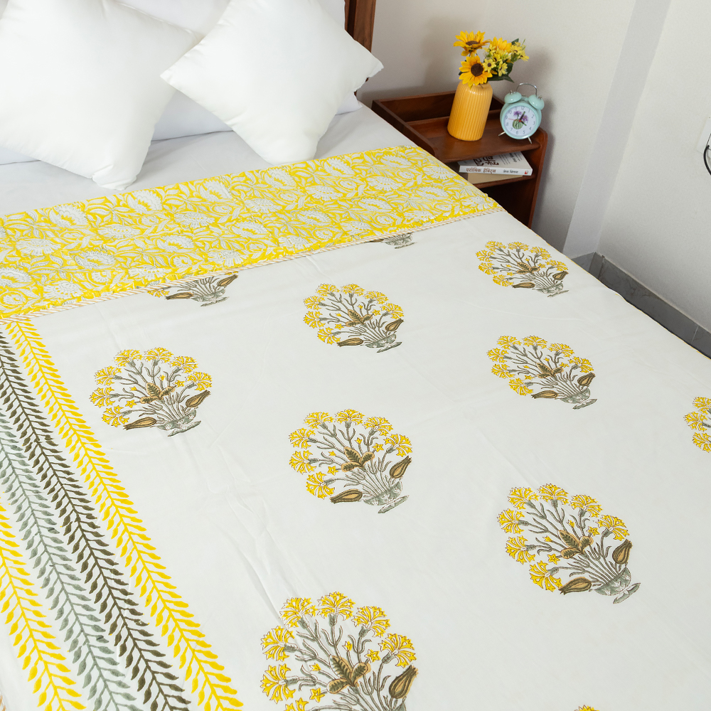 Yellow and Grey Floral Posy Hand Block Printed Cotton Dohar, Reversible Summer Blanket, 60″ x 90″ - Image 4