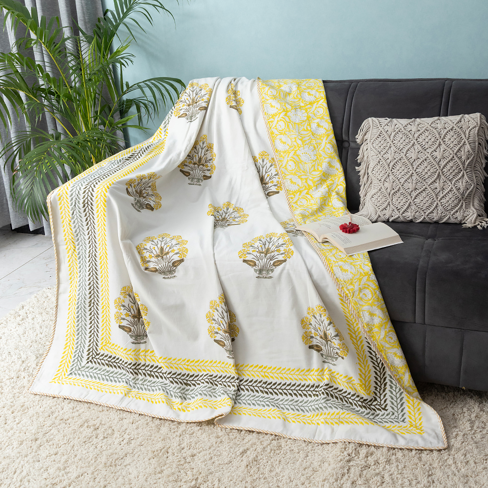 Yellow and Grey Floral Posy Hand Block Printed Cotton Dohar, Reversible Summer Blanket, 60″ x 90″