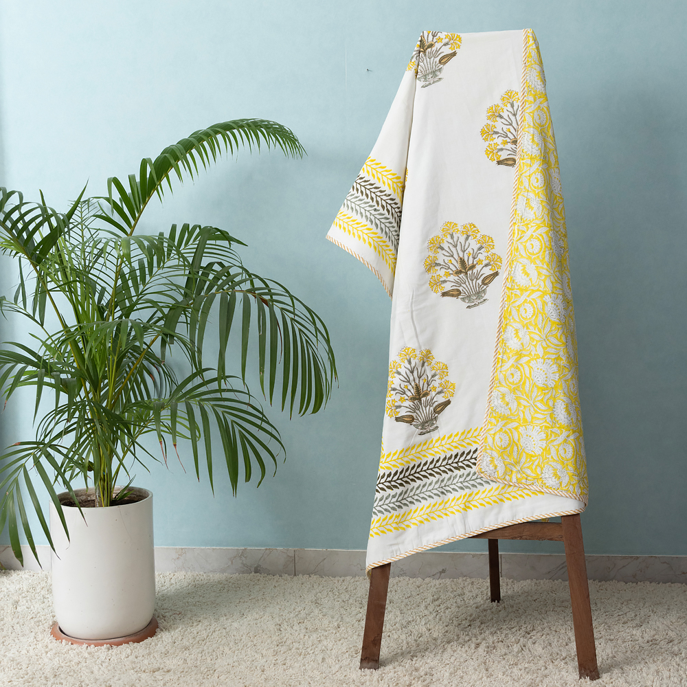 Yellow and Grey Floral Posy Hand Block Printed Cotton Dohar, Reversible Summer Blanket, 60″ x 90″ - Image 5