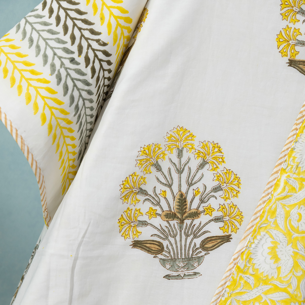 Yellow and Grey Floral Posy Hand Block Printed Cotton Dohar, Reversible Summer Blanket, 60″ x 90″ - Image 6